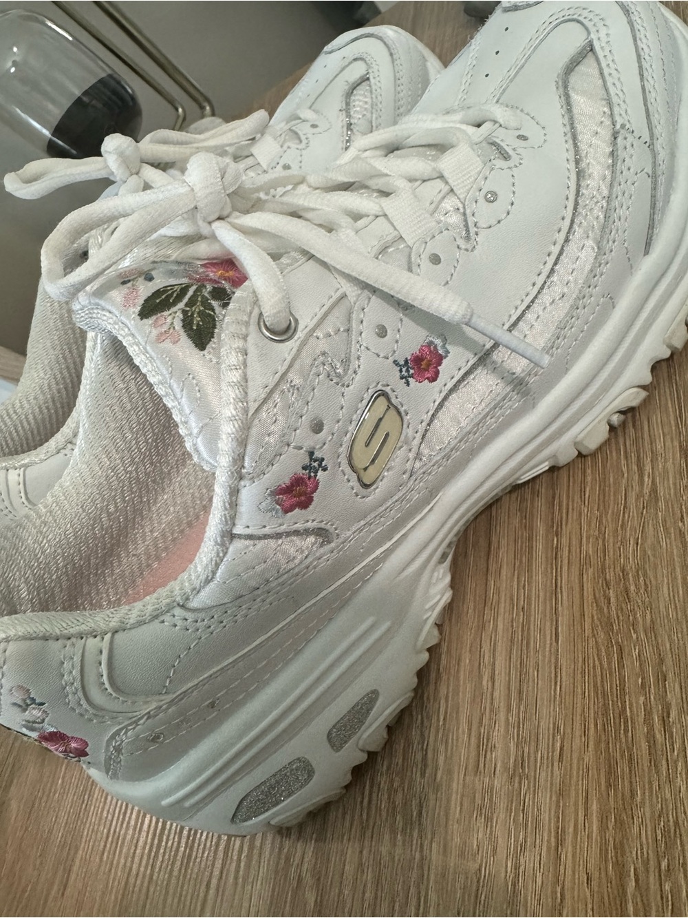 Skechers White Sneakers with Pink Floral Embroidery